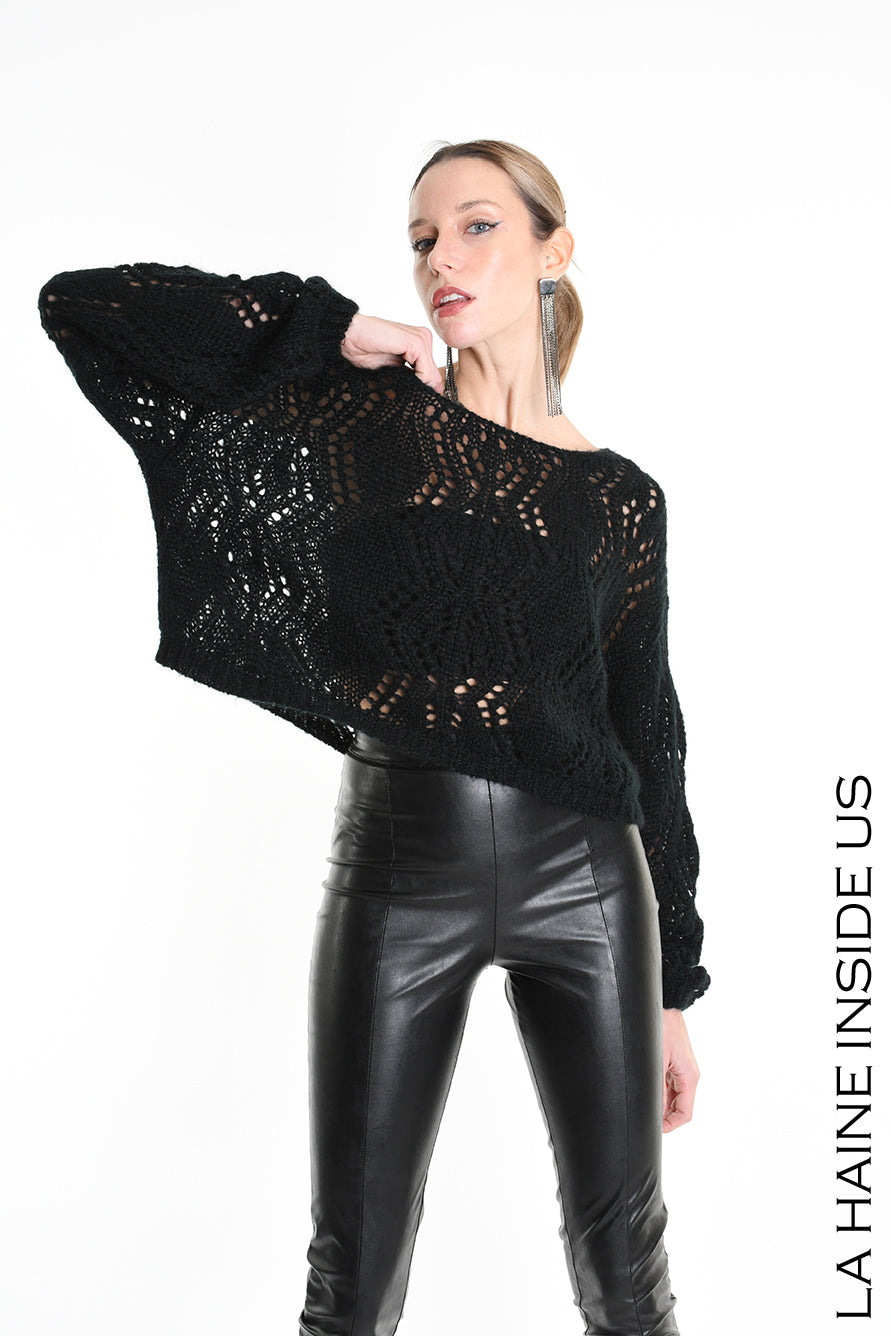 LA HAINE 4K W5130 Oversized Asymmetrical Knitwear - Grey & Black Perforated Mohair Blend Gauge 3 Women's - TEPHRA