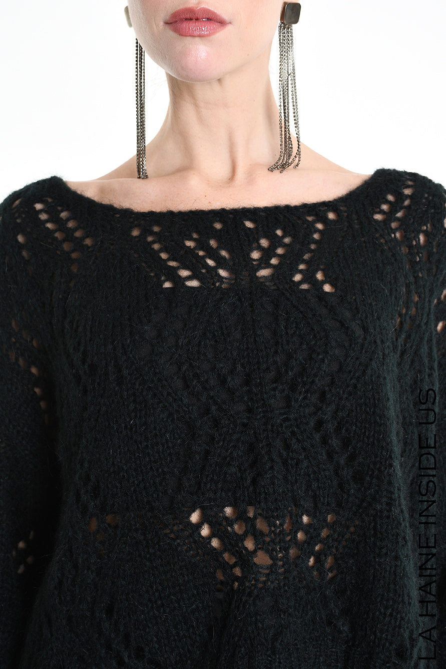 LA HAINE 4K W5130 Oversized Asymmetrical Knitwear - Grey & Black Perforated Mohair Blend Gauge 3 Women's - TEPHRA