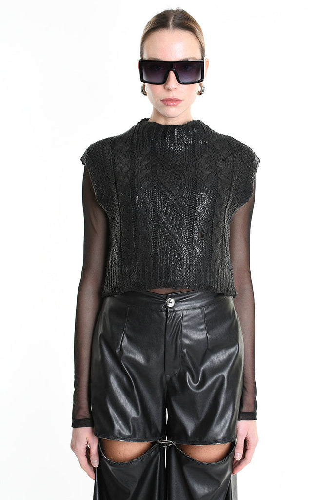 4K W5135 CROPPED VEST in Knit Gauge 3 Black LA HAINE INSIDE US