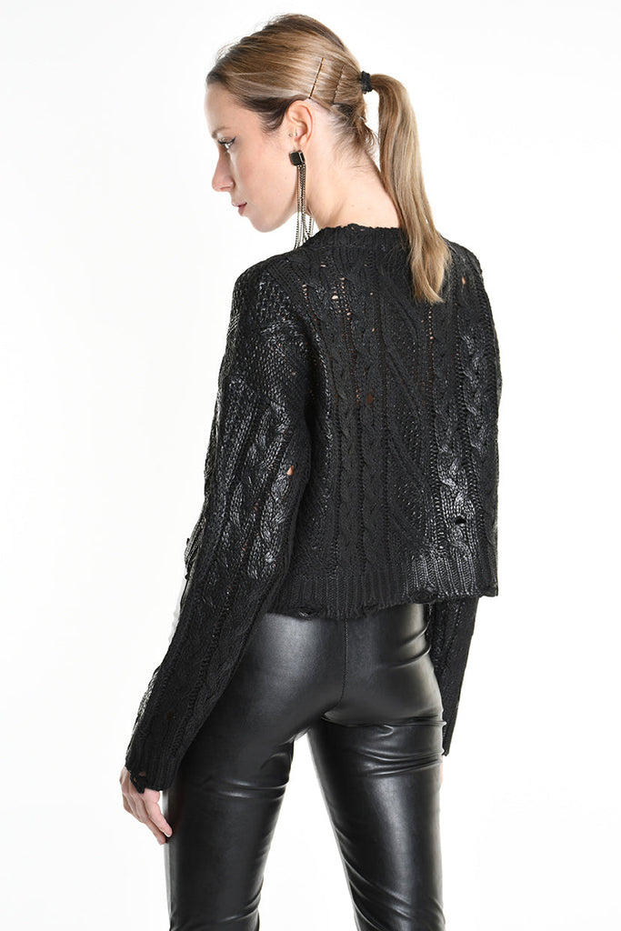 4K W5136 CROPPED CABLE-KNIT SWEATER Gauge 3 Black LA HAINE INSIDE US