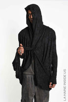 4M W5446 Cardigan - Black Wrinkled Jersey Multifunctional Hooded Unisex LA HAINE INSIDE US