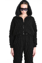 4M W5198 BOMBER Over Crop Jersey Embossed & Stretch Fleece Black LA HAINE INSIDE US