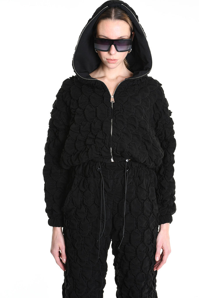 4M W5198 BOMBER Over Crop Jersey Embossed & Stretch Fleece Black LA HAINE INSIDE US