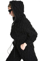 4M W5198 BOMBER Over Crop Jersey Embossed & Stretch Fleece Black LA HAINE INSIDE US