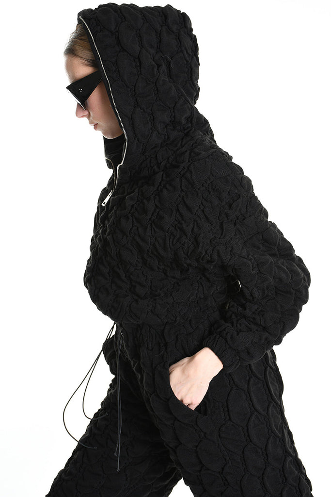 4M W5198 BOMBER Over Crop Jersey Embossed & Stretch Fleece Black LA HAINE INSIDE US