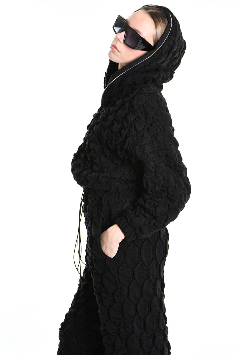 4M W5198 BOMBER Over Crop Jersey Embossed & Stretch Fleece Black LA HAINE INSIDE US