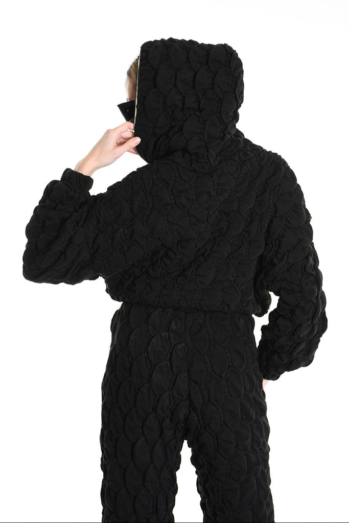 4M W5198 BOMBER Over Crop Jersey Embossed & Stretch Fleece Black LA HAINE INSIDE US