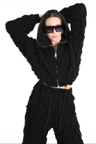 4M W5198 BOMBER Over Crop Jersey Embossed & Stretch Fleece Black LA HAINE INSIDE US