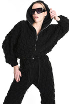 4M W5198 BOMBER Over Crop Jersey Embossed & Stretch Fleece Black LA HAINE INSIDE US