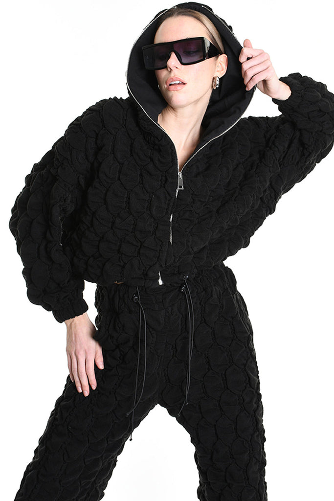 4M W5198 BOMBER Over Crop Jersey Embossed & Stretch Fleece Black LA HAINE INSIDE US