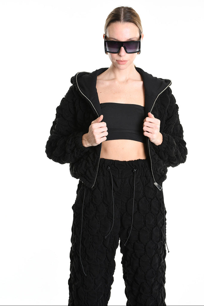 4M W5198 BOMBER Over Crop Jersey Embossed & Stretch Fleece Black LA HAINE INSIDE US