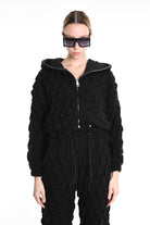 4M W5198 BOMBER Over Crop Jersey Embossed & Stretch Fleece Black LA HAINE INSIDE US