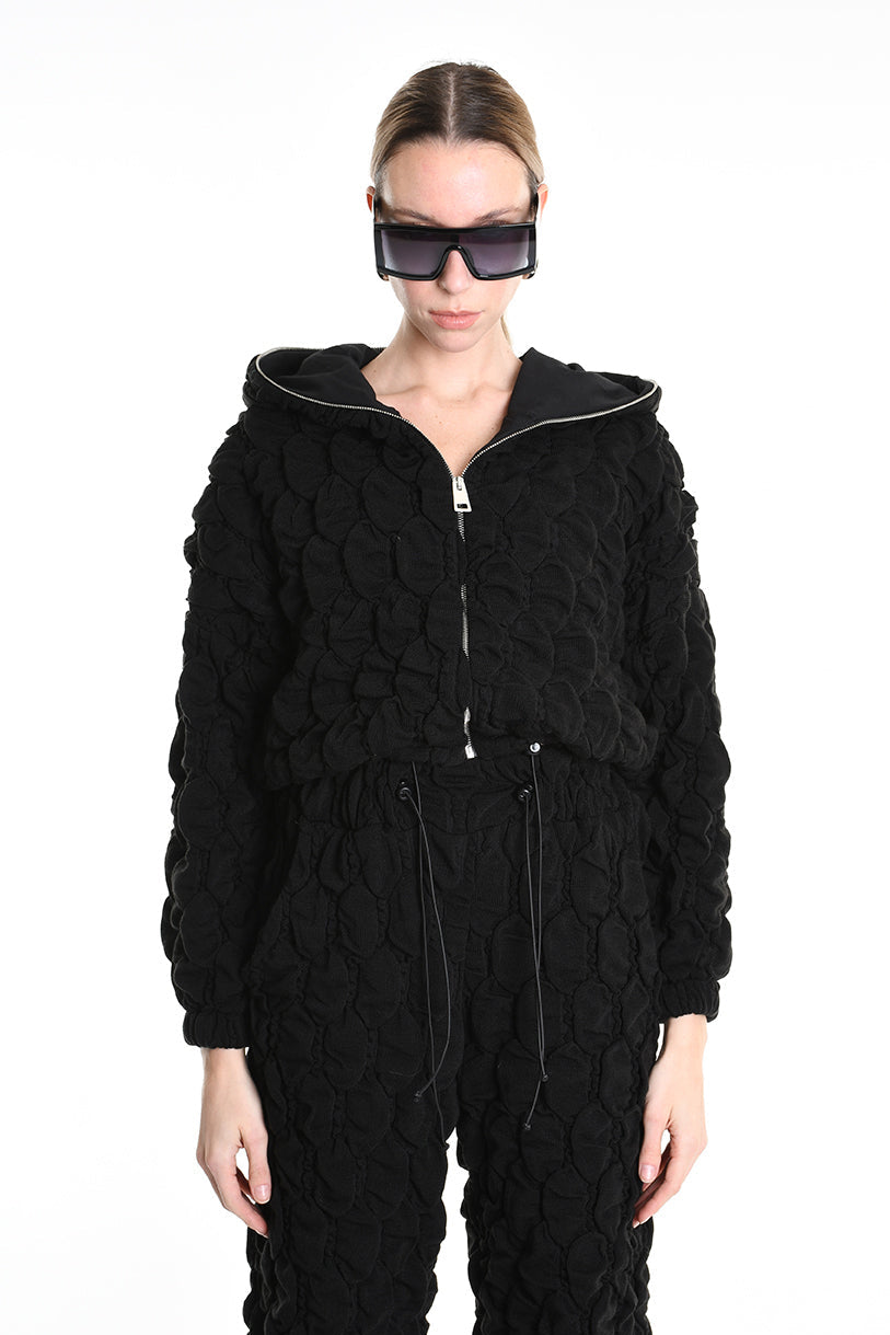 4M W5198 BOMBER Over Crop Jersey Embossed & Stretch Fleece Black LA HAINE INSIDE US