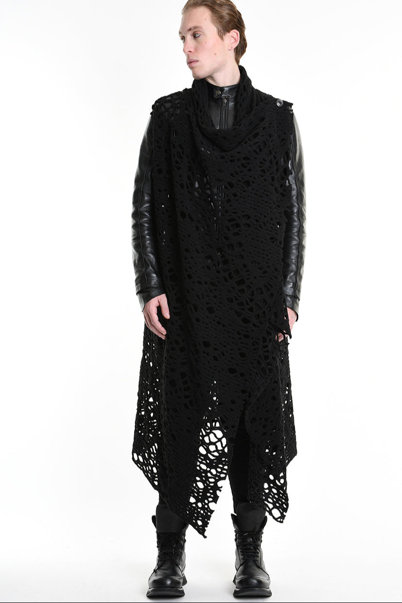 4M W5200 OVERSIZED ASYMMETRICAL VEST in Openwork Wool Blend UNISEX U Black          Ask ChatGPT LA HAINE INSIDE US