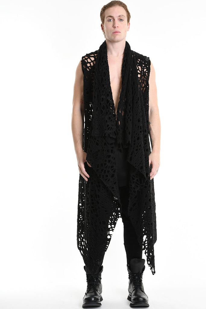 4M W5200 OVERSIZED ASYMMETRICAL VEST in Openwork Wool Blend UNISEX U Black          Ask ChatGPT LA HAINE INSIDE US