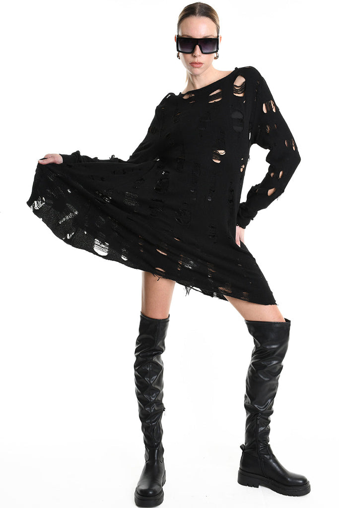 4M W5201 DRESS Flared Blend Wool Black LA HAINE INSIDE US