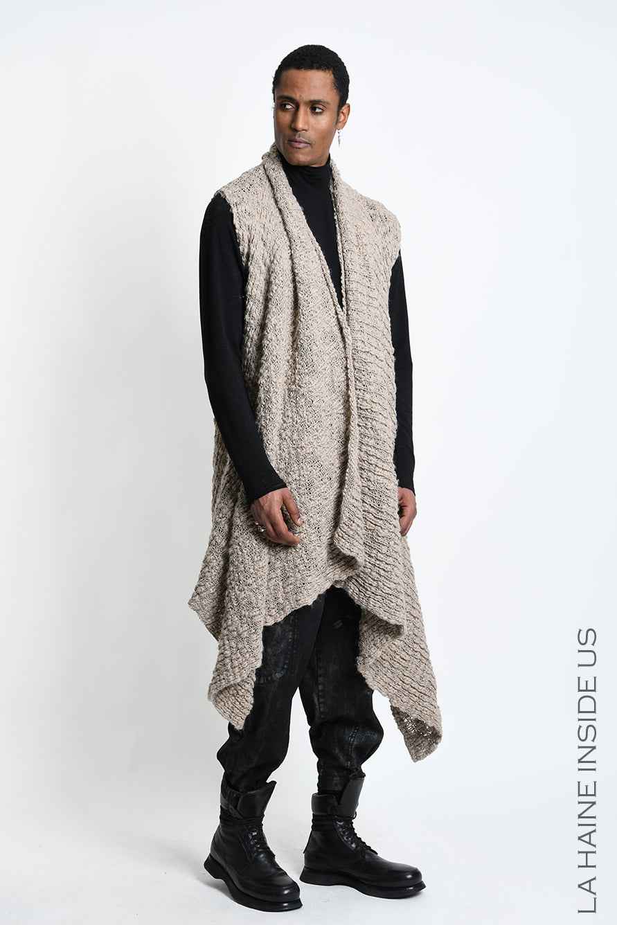 4M W5521 Gilet - Mud Asymmetric Braided Bouclé Wool-Blend Knit Vest Unisex LA HAINE INSIDE US