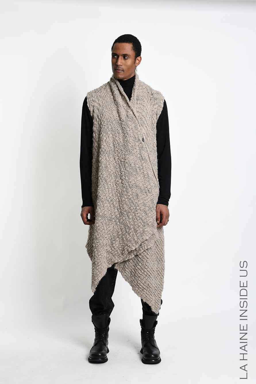 4M W5521 Gilet - Mud Asymmetric Braided Bouclé Wool-Blend Knit Vest Unisex LA HAINE INSIDE US