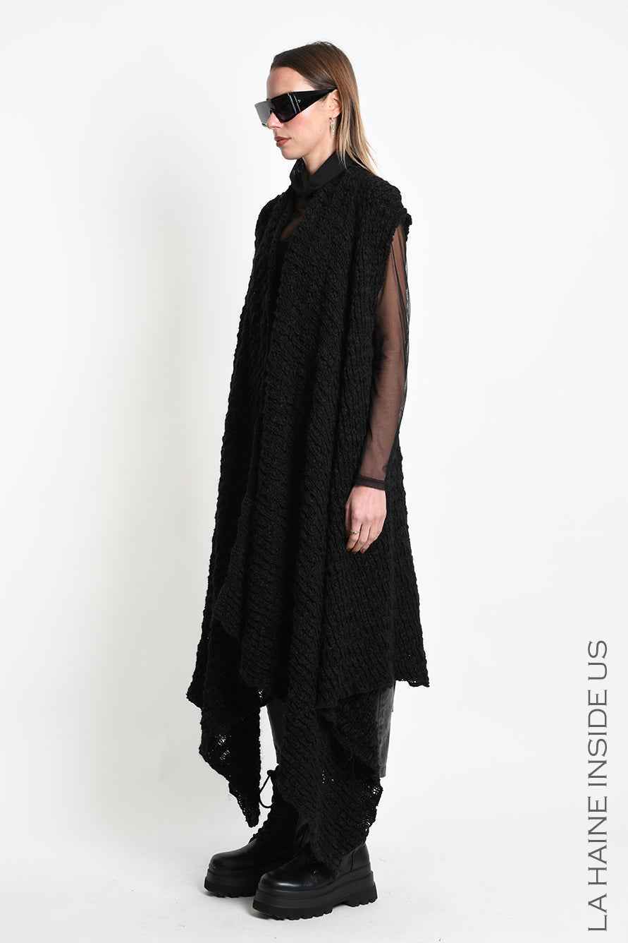 4M W5521 Gilet - Black Asymmetric Braided Bouclé Wool-Blend Knit Vest Unisex LA HAINE INSIDE US
