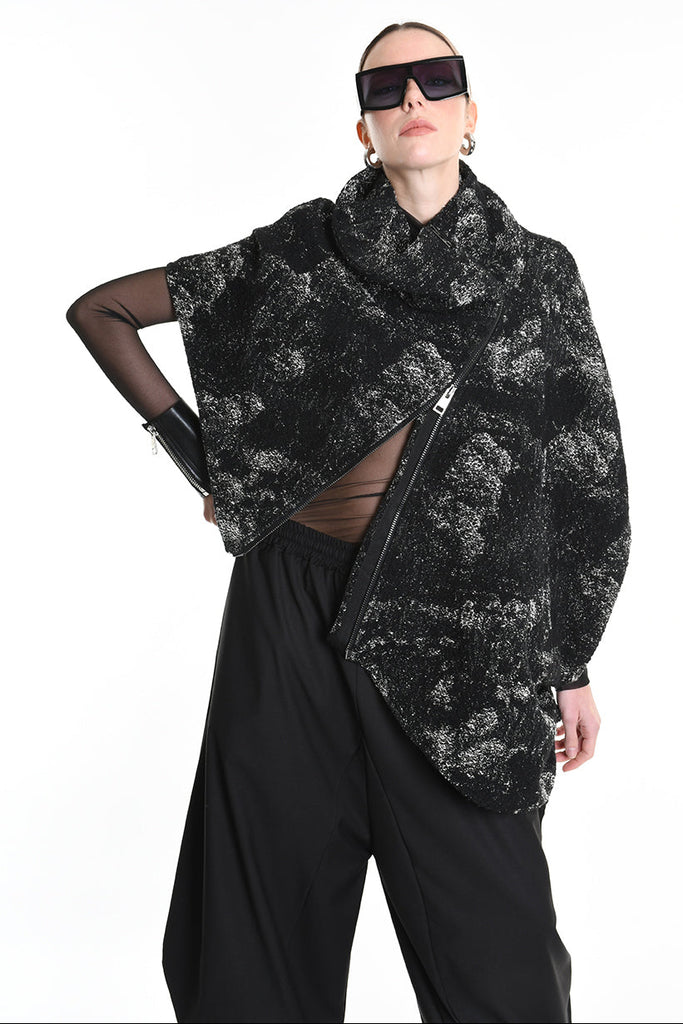 4P W5215 CAPE Asimmetric Hemp-Blend Jacquard Cloth UNISEX D Black LA HAINE INSIDE US