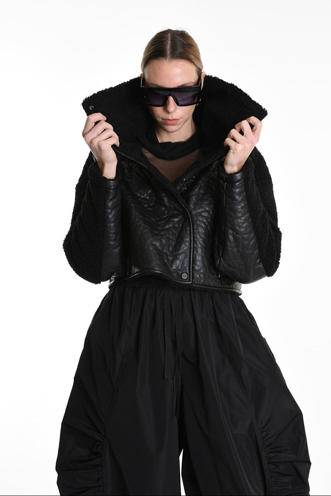 4P W5219 JACKET Crop Eco Leather & Wool Black LA HAINE INSIDE US