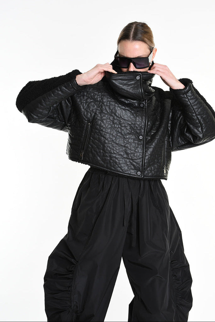 4P W5219 JACKET Crop Eco Leather & Wool Black LA HAINE INSIDE US