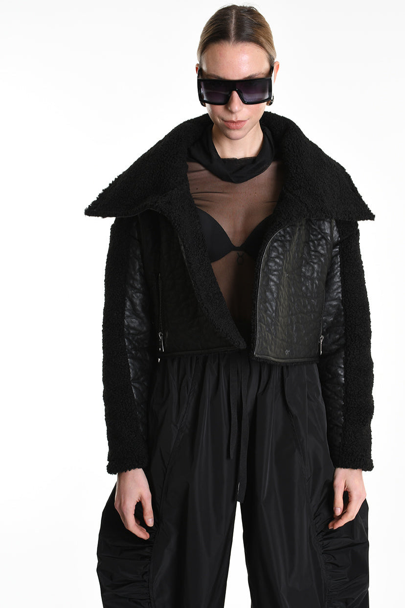 4P W5219 JACKET Crop Eco Leather & Wool Black LA HAINE INSIDE US