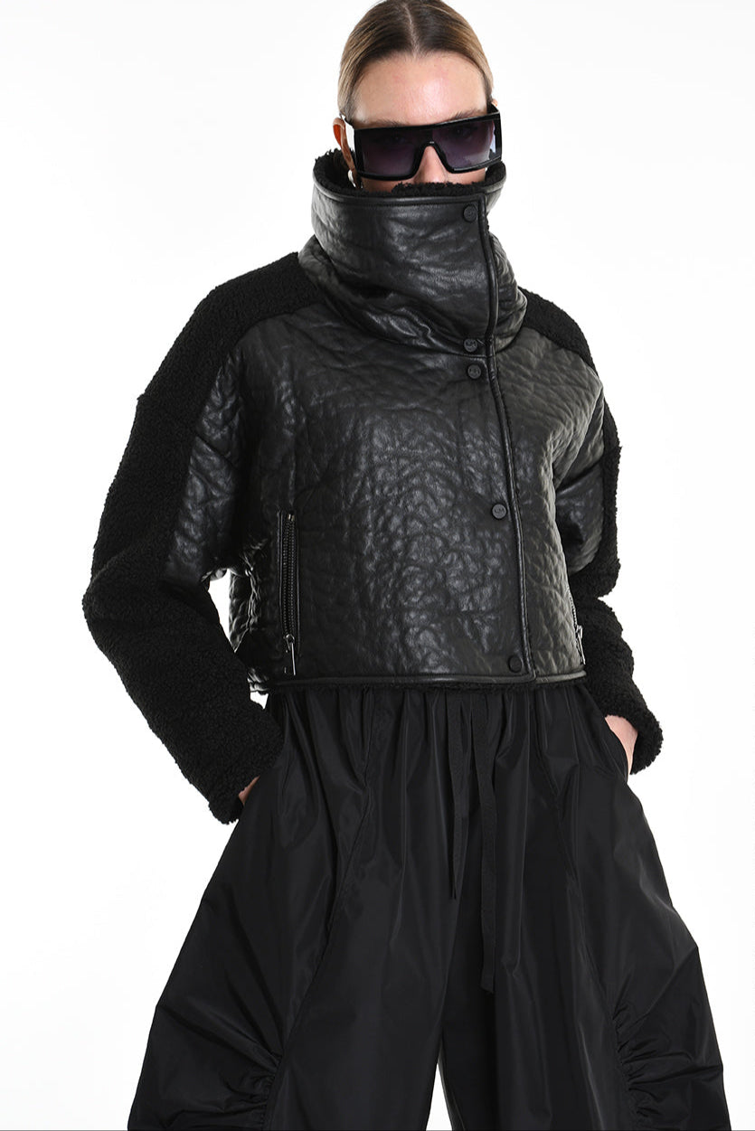 4P W5219 JACKET Crop Eco Leather & Wool Black LA HAINE INSIDE US