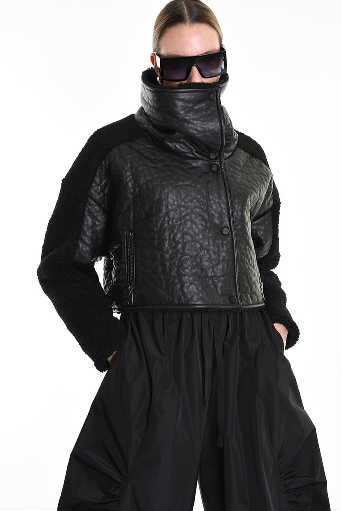 4P W5219 JACKET Crop Eco Leather & Wool Black LA HAINE INSIDE US