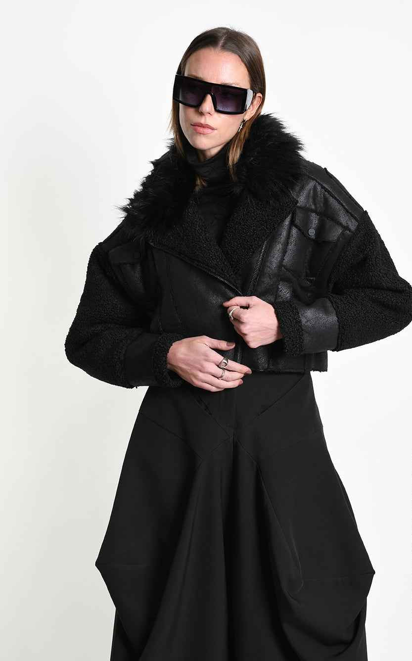 4P W5523 SPORT JACKET Over Crop Faux Sheepskin Doubleface & Faux Fur Black