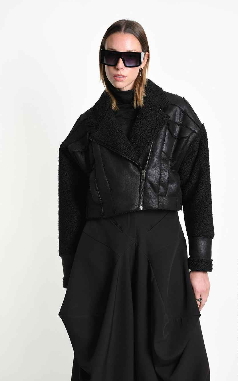 4P W5523 SPORT JACKET Over Crop Faux Sheepskin Doubleface & Faux Fur Black