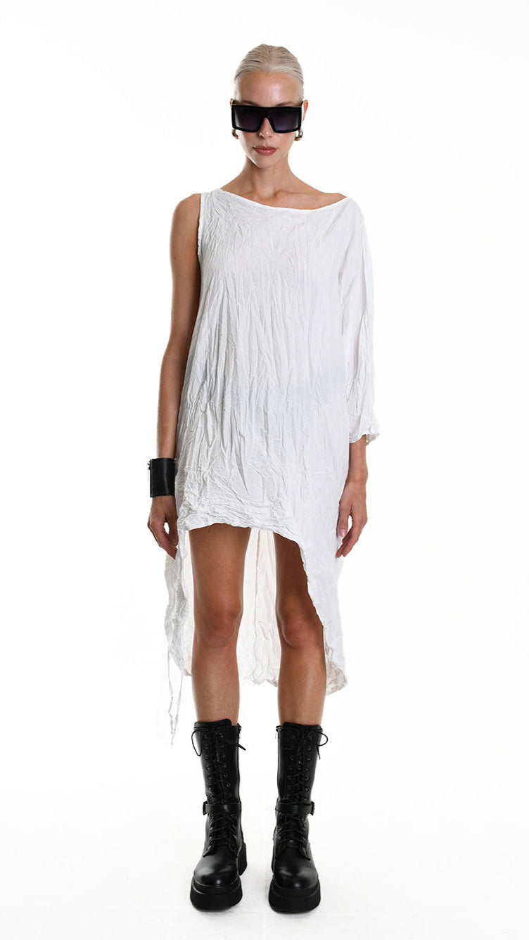 A34R W504425 DRESS Asymmetric Cotton Organic Crumpled White