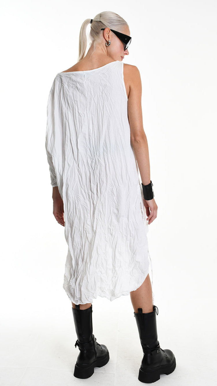 A34R W504425 DRESS Asymmetric Cotton Organic Crumpled White