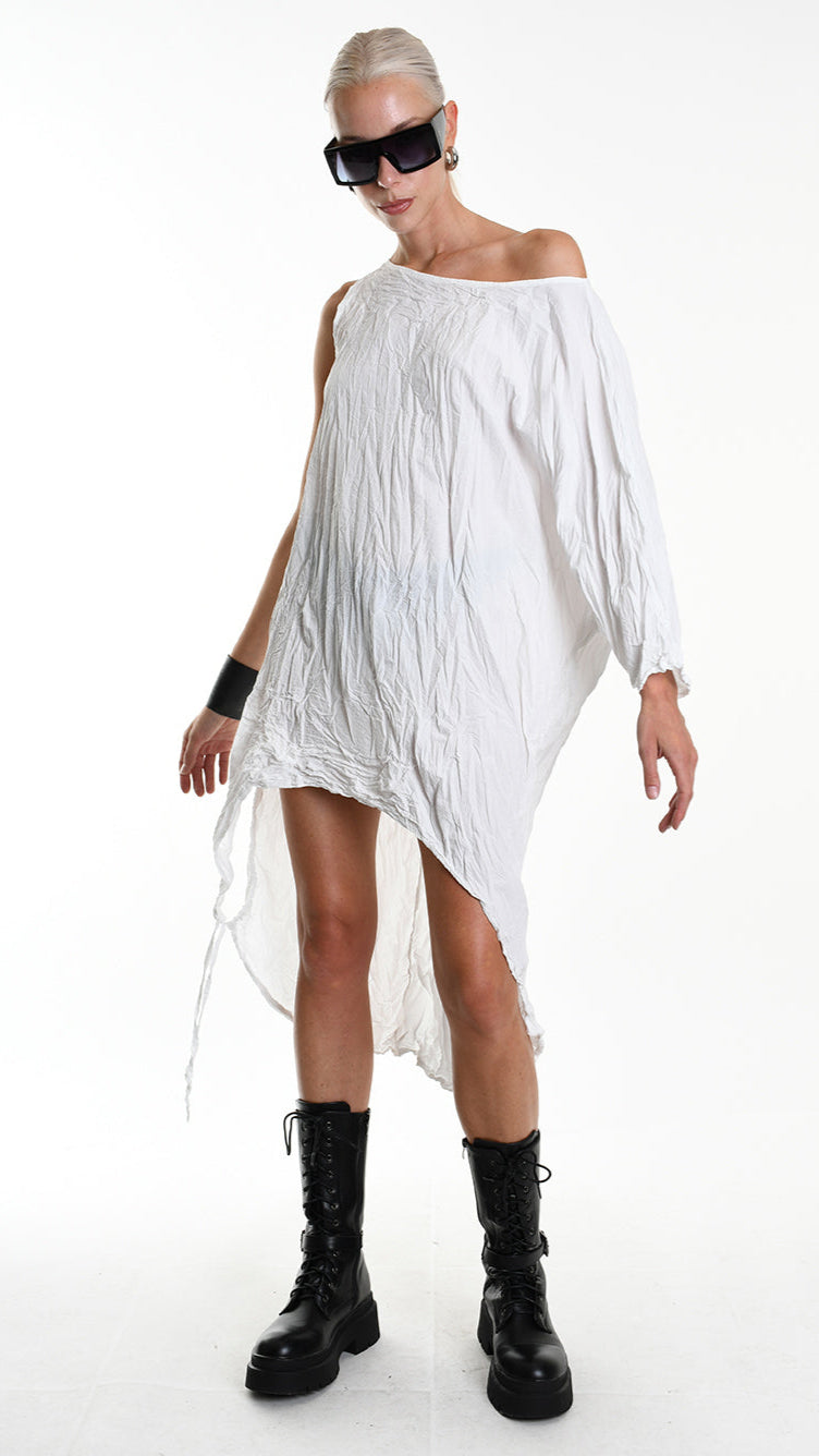 A34R W504425 DRESS Asymmetric Cotton Organic Crumpled White