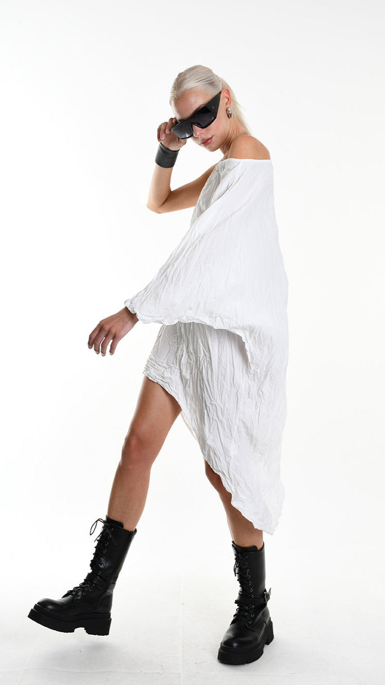 A34R W504425 DRESS Asymmetric Cotton Organic Crumpled White