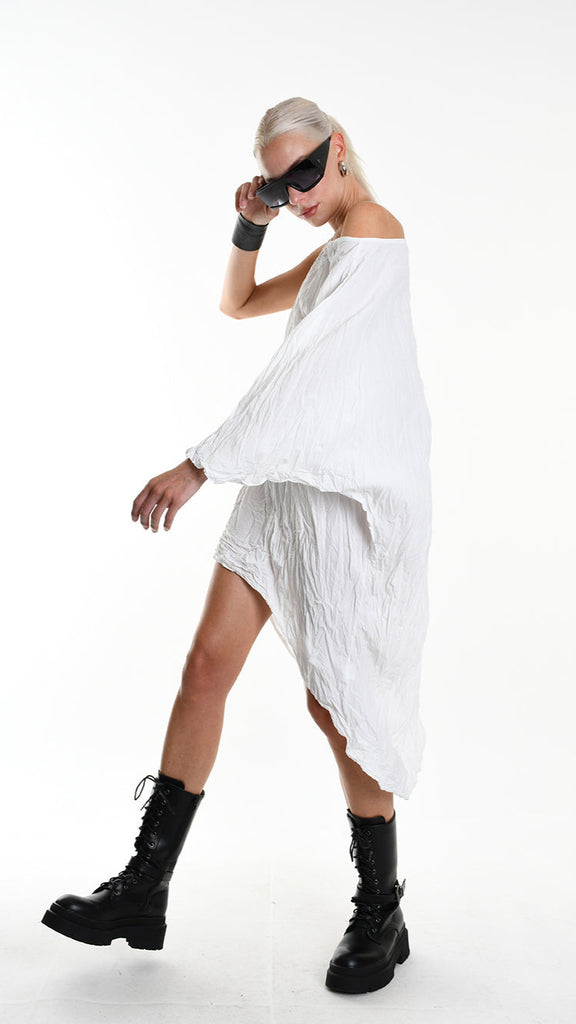 A34R W504425 DRESS Asymmetric Cotton Organic Crumpled White.