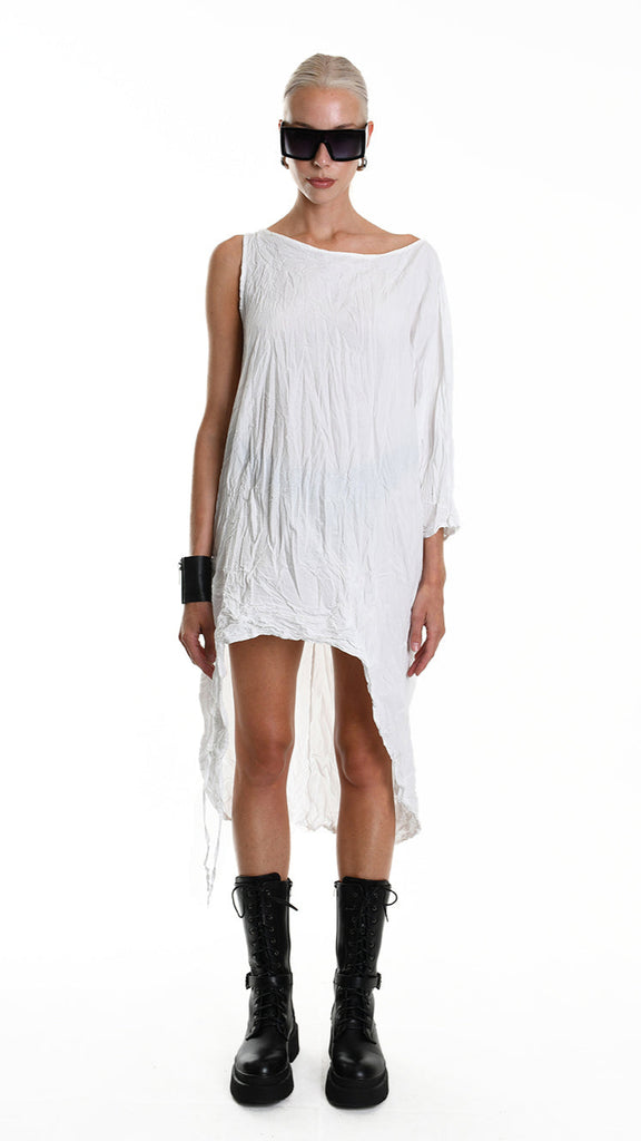 A34R W504425 DRESS Asymmetric Cotton Organic Crumpled White.