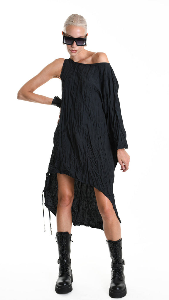 A34R W504425 DRESS Asymmetric Cotton Organic Crumpled Black.