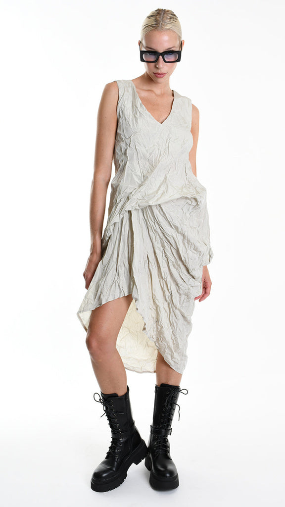 A34R W509425 DRESS Asymmetric Taffeta Crumpled Sand.