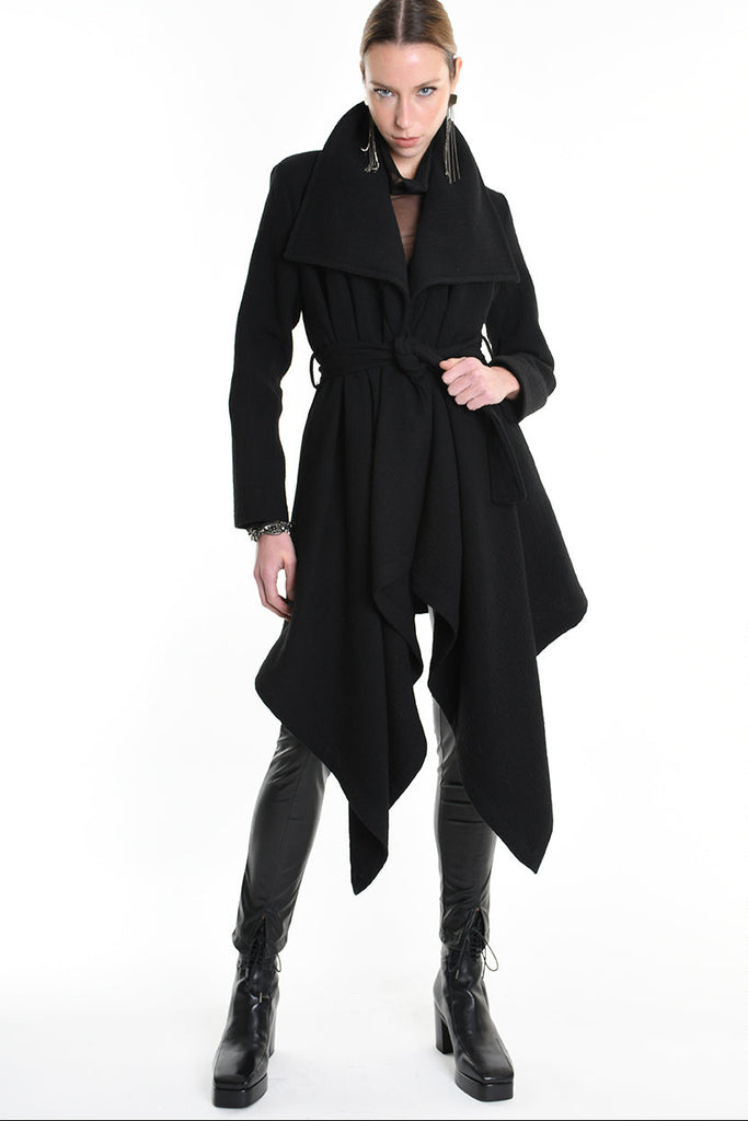 4R W5146 COAT Asymmetric Cloth Embossed Wool Black LA HAINE INSIDE US