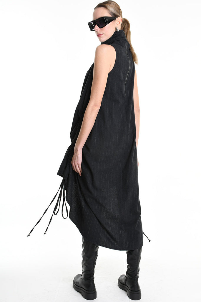 4R W5175 DRESS Over Asymmetric Flannel Pinstripe Black LA HAINE INSIDE US