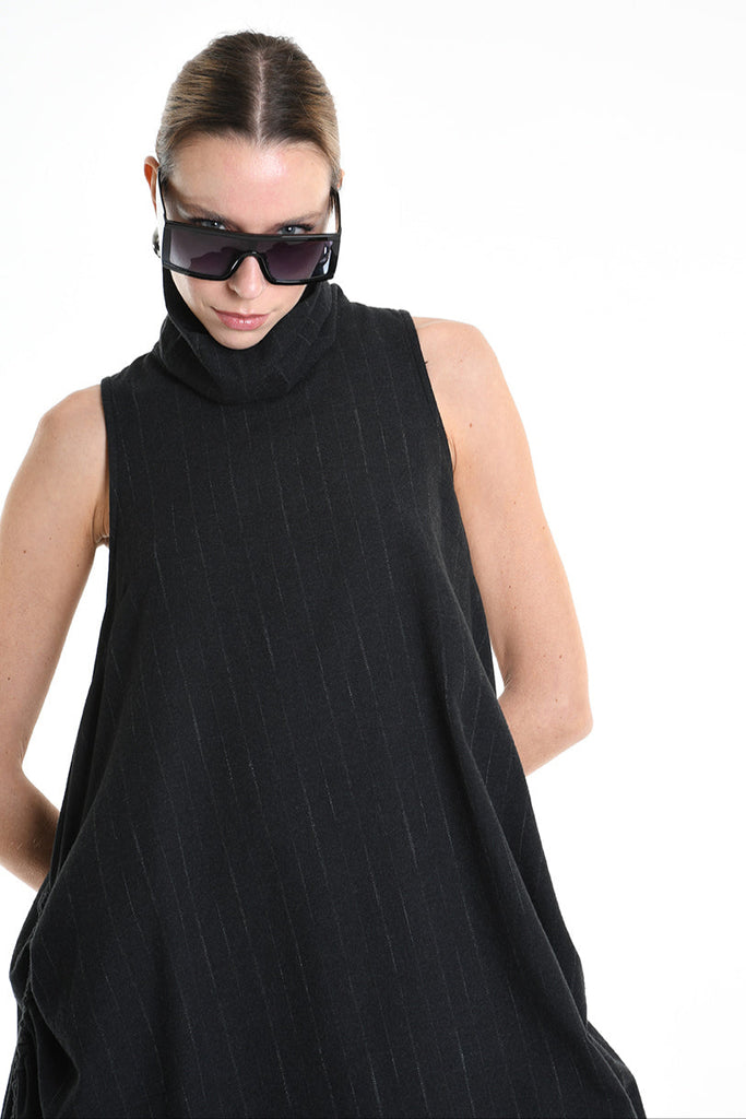 4R W5175 DRESS Over Asymmetric Flannel Pinstripe Black LA HAINE INSIDE US