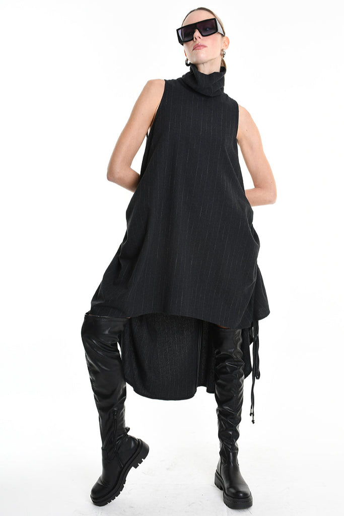 4R W5175 DRESS Over Asymmetric Flannel Pinstripe Black LA HAINE INSIDE US