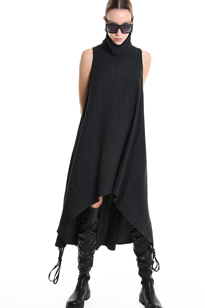 4R W5175 DRESS Over Asymmetric Flannel Pinstripe Black LA HAINE INSIDE US