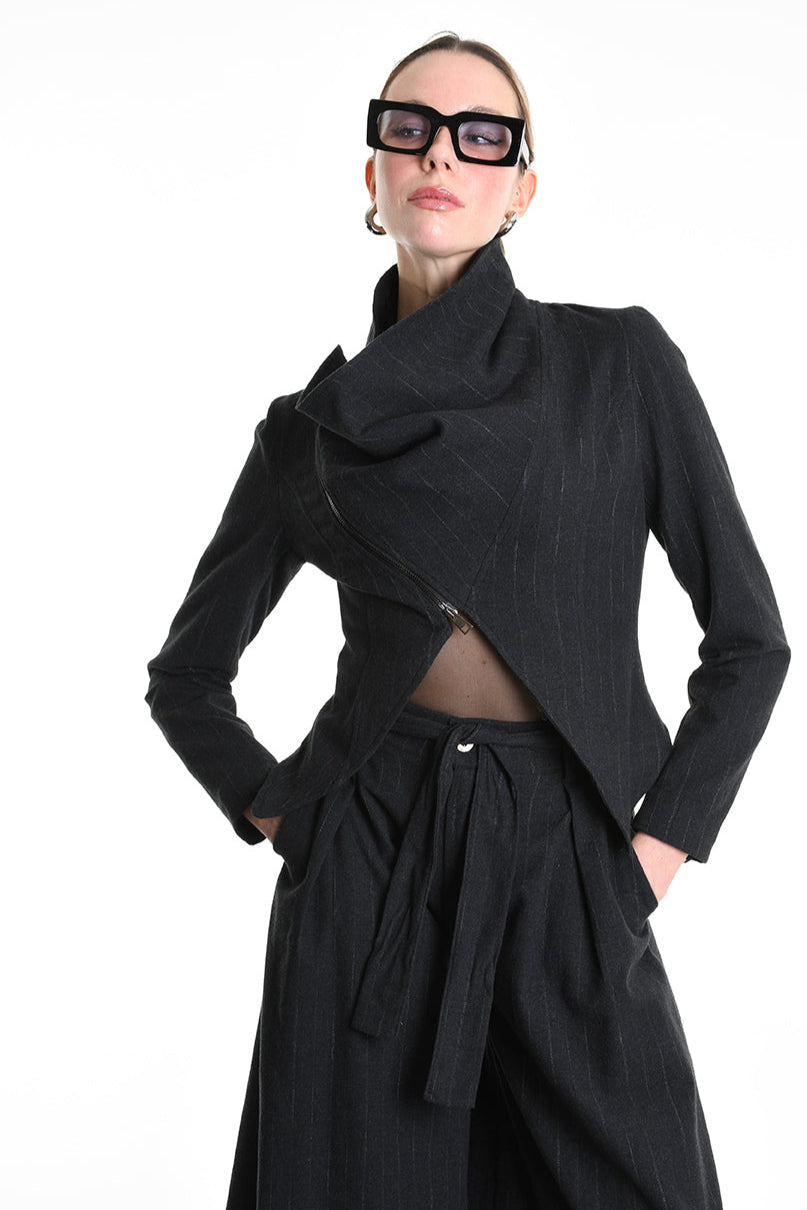 4R W5176 ASYMMETRICAL JACKET in Pinstripe Flannel Black LA HAINE INSIDE US