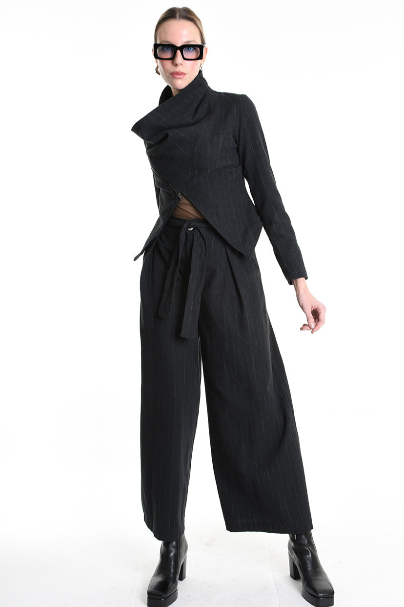 4R W5176 ASYMMETRICAL JACKET in Pinstripe Flannel Black LA HAINE INSIDE US