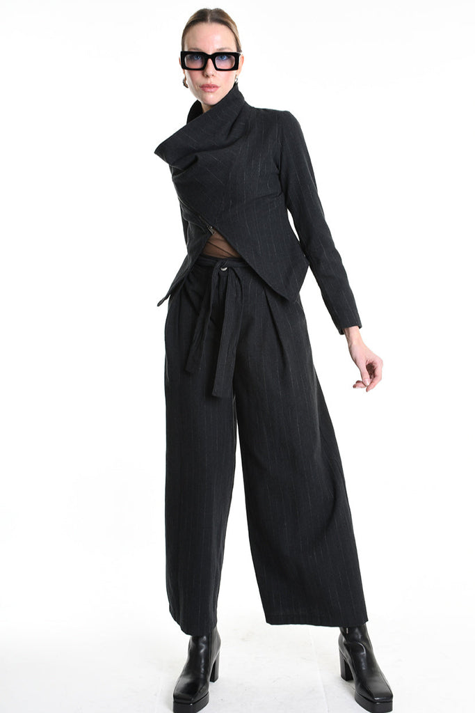 4R W5176 ASYMMETRICAL JACKET in Pinstripe Flannel Black LA HAINE INSIDE US