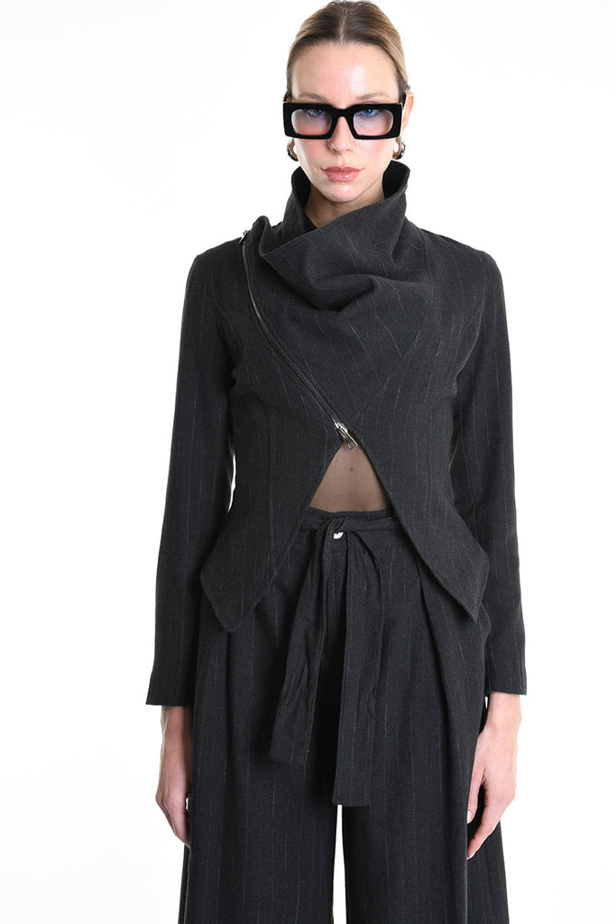 4R W5176 ASYMMETRICAL JACKET in Pinstripe Flannel Black LA HAINE INSIDE US