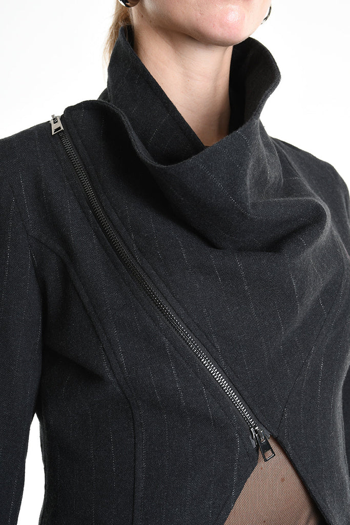 4R W5176 ASYMMETRICAL JACKET in Pinstripe Flannel Black LA HAINE INSIDE US