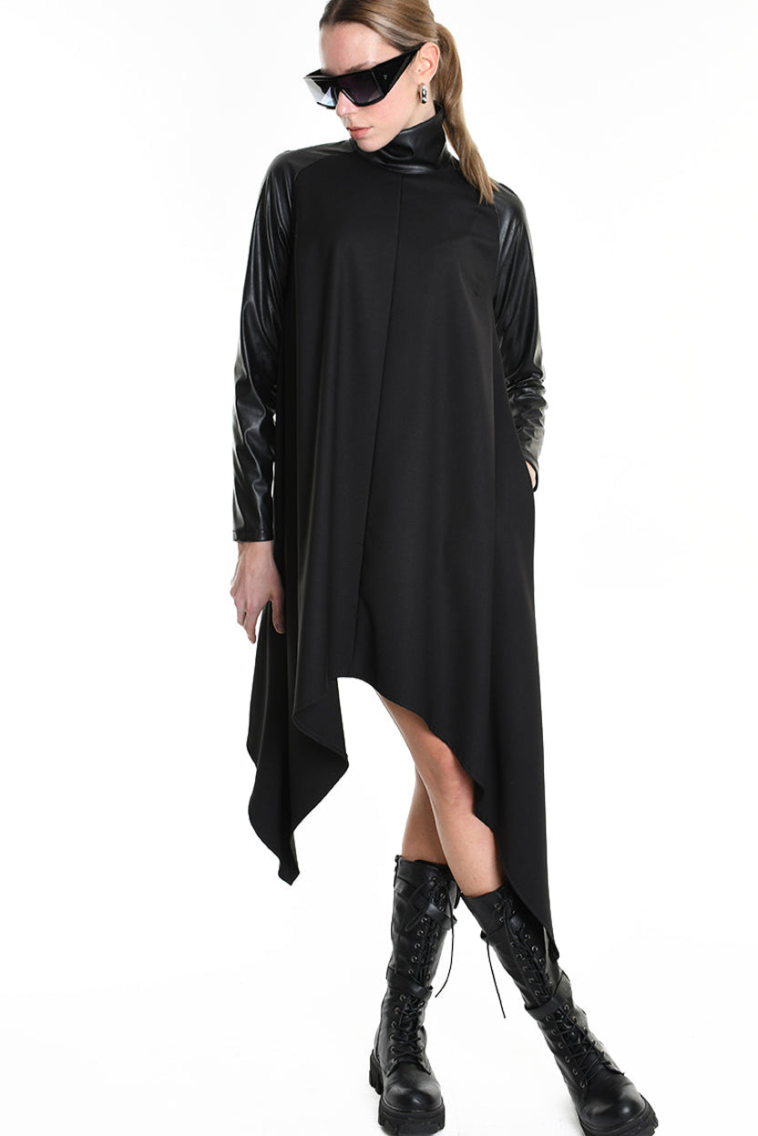 4R W5178 DRESS Asymmetric Fluid & Faux Leather Black LA HAINE INSIDE US